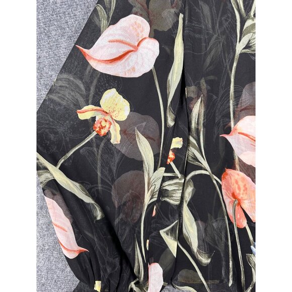 NEW White House Black Market Black Floral Blouse MED Sheer Lined Balloon Sleeve - Picture 7 of 13